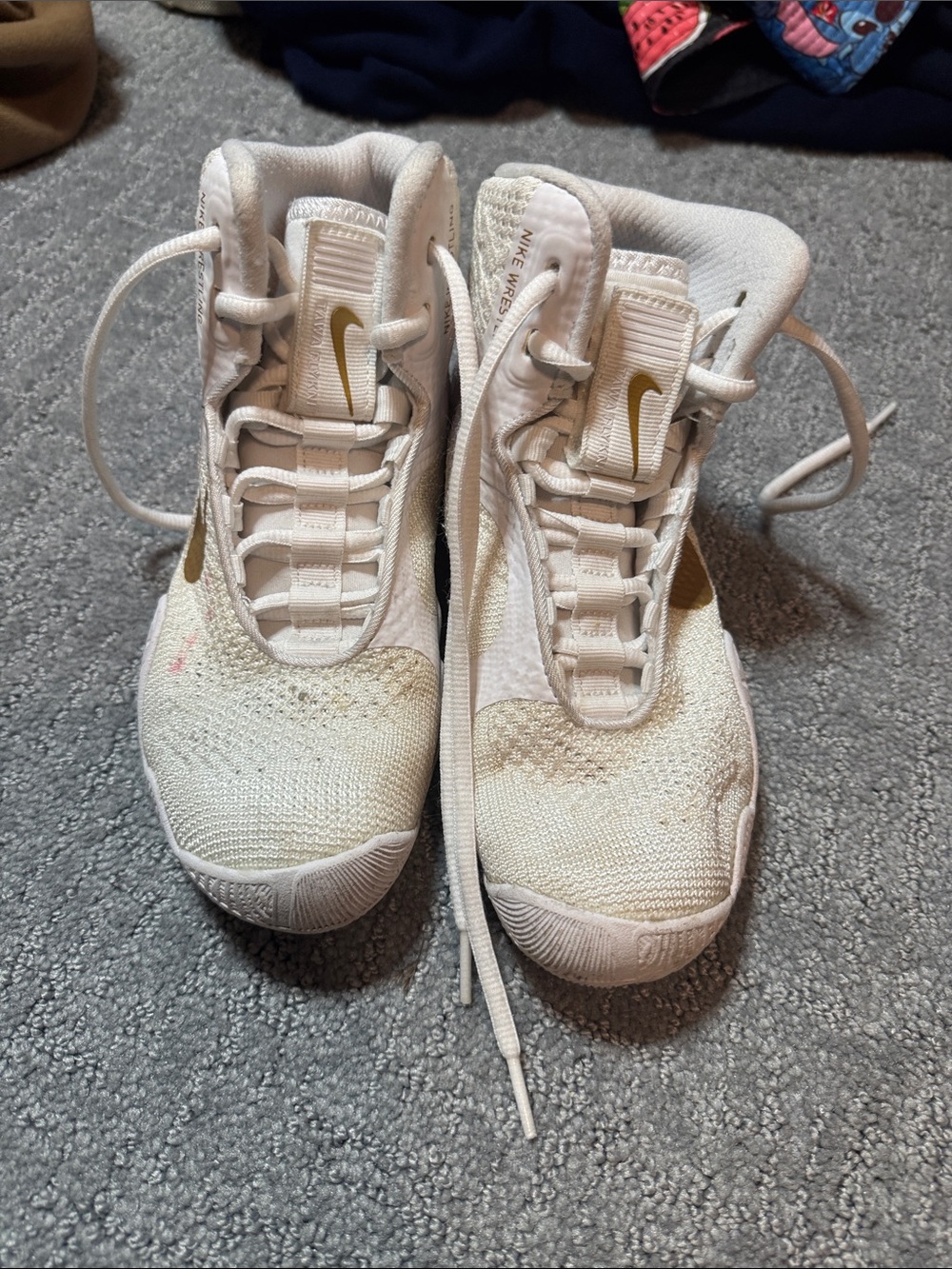 Nike Kids wrestling White Sneakers with Gold Swoosh